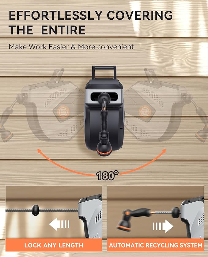 SUNPOW Retractable Garden Hose Reel - 1/2 inch x 115ft Wall Mounted Hose Reel with 3/4 inch Brass Fitting & 10 Function Sprayer Nozzle - Any Length Lock, Auto Rewind System, 180°Swivel Bracket- Grey