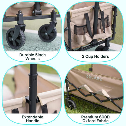 Golabs Collapsible Wagon Cart Max 350lb Load & Expandable Storage 100L, Double Bearing Design for Flexible Steering, Foldable Heavy Duty Garden Cart with 2 Cup Holders for Groceries, Garden & Camping