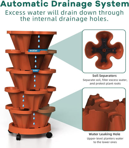 Strawberry Stackable Planter, Vertical Tower Garden, 5 Tiered Stacking Herb Vegetable Planters with Movable Casters and Bottom Saucer Indoor and Outdoor - Terra Cotta