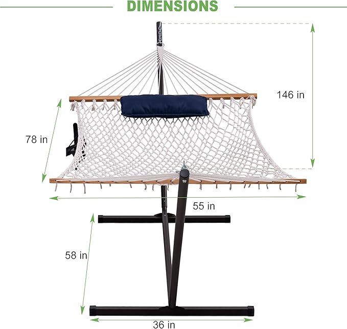 Lazy Daze Hammocks Double Rope Hammock with Stand Include, 12 Feet Traditional Cotton Rope with Pillow for Outside, Backyard, Patio, Garden, Blue Pillow