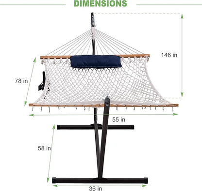 Lazy Daze Hammocks Double Rope Hammock with Stand Include, 12 Feet Traditional Cotton Rope with Pillow for Outside, Backyard, Patio, Garden, Blue Pillow
