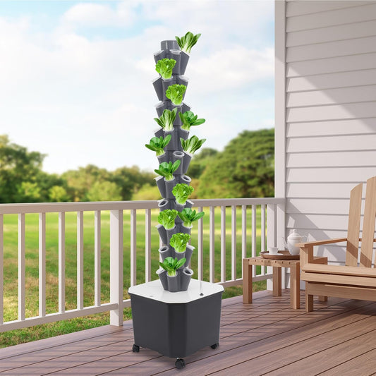 Eapmic Hydroponics Growing System Tower Garden, 10-Tier 50-Hole Vertical Planter with 45L Water Tank & Auto Watering, Indoor/Outdoor Hydroponic Garden Kit w/Wheels (Grey)