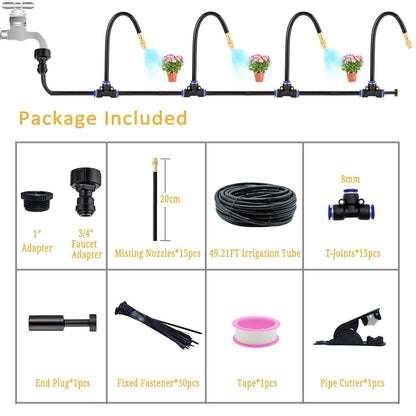 360°Bendable Automatic Irrigation System, 49.21Ft Adjustable Garden Watering Misting System for Outdoor Cooling System, Greenhouse, Yard, Lawn, Plant, Water Mister Nozzles Thread Sprayer 0.043"