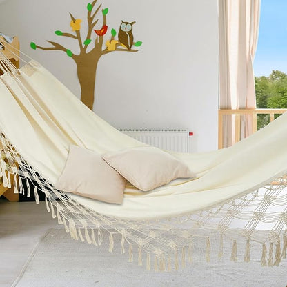 JoyView Boho Macrame Double Hammock with Hanging Ropes & Elegant Tassels 86.6x59 Portable Cotton Hammock for Patio Backyard Porch 450LBS Weight Capacity Perfect for Outdoor/Indoor - Beige Color