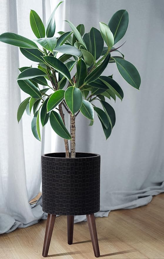 D'vine Dev 10 Inch Modern Geometric Tile Patterned Sleek Planter Pot with Stand, Indoor Outdoor Decorative Plant Holder, Distressed Black, 88-Z-B-5