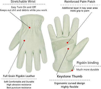 HLDD HANDLANDY Leather Work Gloves for Men & Women, Adjustable Wrist Cowhide Gardening Glove with Reinforced Palm for Driver