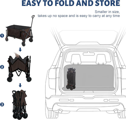 Collapsible Folding Wagon Cart, 220LBS Heavy Duty Foldable Utility Garden Cart with All Terrain Wheels & Side Storage Bag, Portable Sports Wagon for Camping, Shopping, Garden