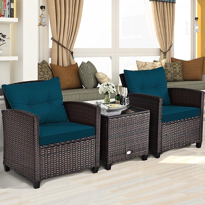 RELAX4LIFE 3 Piece Patio Furniture Set, Wicker Bistro Conversation Set w/2 Cushioned Armchairs & Glass Topped Table, Outdoor Rattan Sofa Set Patio Furniture for Porch Balcony Poolside (Peacock Blue)