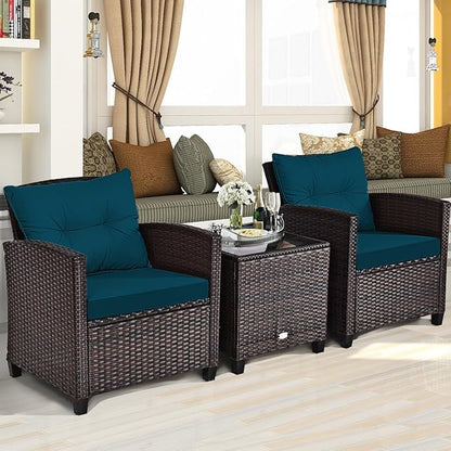 RELAX4LIFE 3 Piece Patio Furniture Set, Wicker Bistro Conversation Set w/2 Cushioned Armchairs & Glass Topped Table, Outdoor Rattan Sofa Set Patio Furniture for Porch Balcony Poolside (Peacock Blue)
