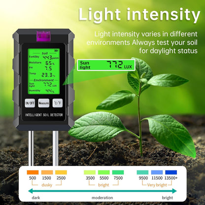 6-in-1 Soil Moisture Meter, pH/Temperature/Soil Moisture/Sunlight/Air Humidity/Soil Fertility Soil Tester for Farming, Gardening, Lawns and Outdoor Plants (2*AAA Battery Needed)