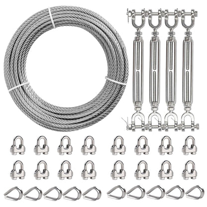 1/4" Wire Rope Kit, 50ft Stainless Steel Cable with 4Pcs 1/4 Turnbuckle, Clamp & Thimble, 7x19 Strands Heavy Duty Metal Cable,1400 lbs Load Limit, Turnbuckles for Cables Wire, Zipline