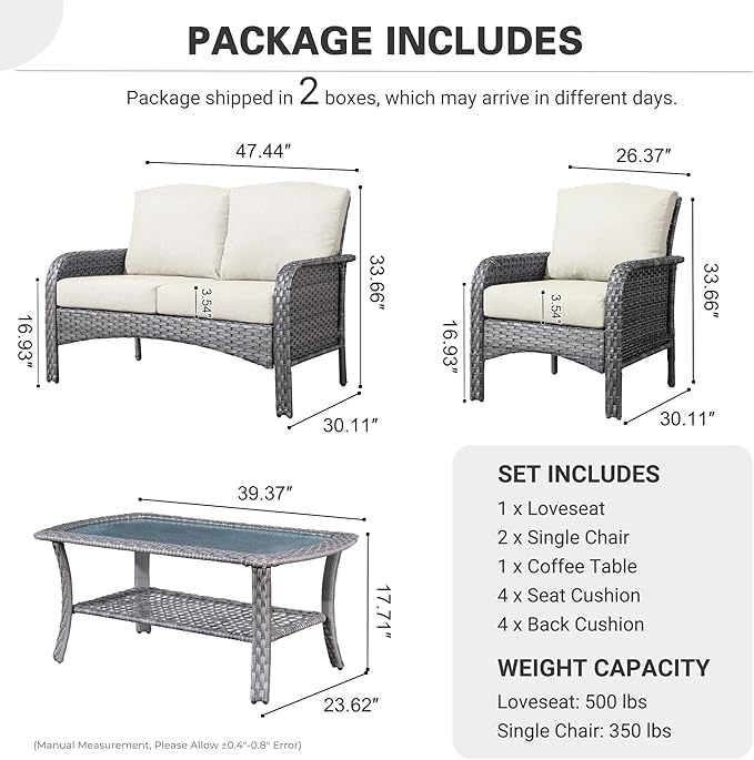 ovios 4 Pieces Patio Furniture Set, Outdoor Wicker Sofa with Coffee Table, Chairs, All Weather High Back Rattan Loveseat Couch with Comfy Cushions, Beige