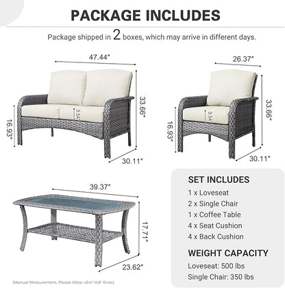 ovios 4 Pieces Patio Furniture Set, Outdoor Wicker Sofa with Coffee Table, Chairs, All Weather High Back Rattan Loveseat Couch with Comfy Cushions, Beige