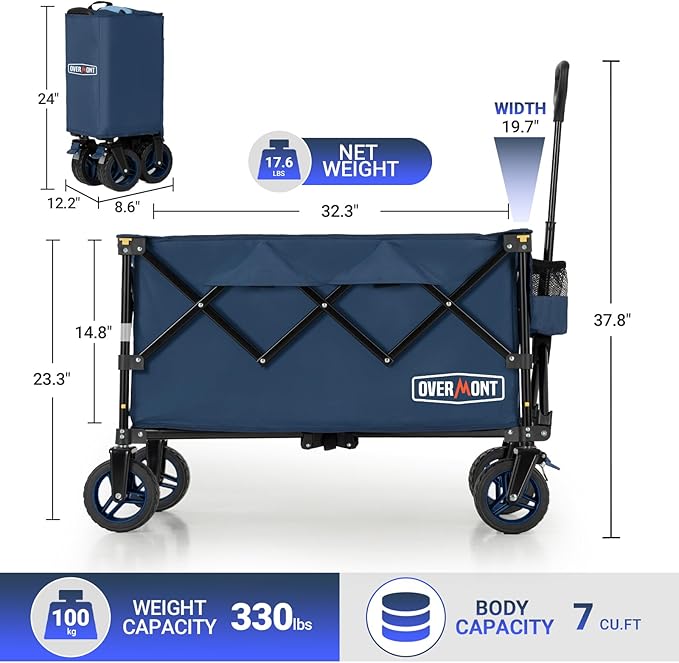 Overmont Ultra-Compact Collapsible Wagon Cart - 200L Portable Folding Wagon with All-Terrain Wheels Utility for Beach, Grocery Shopping, Camping, and Gardening – 330lbs Load Capacity Blue