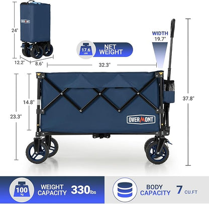 Overmont Ultra-Compact Collapsible Wagon Cart - 200L Portable Folding Wagon with All-Terrain Wheels Utility for Beach, Grocery Shopping, Camping, and Gardening – 330lbs Load Capacity Blue