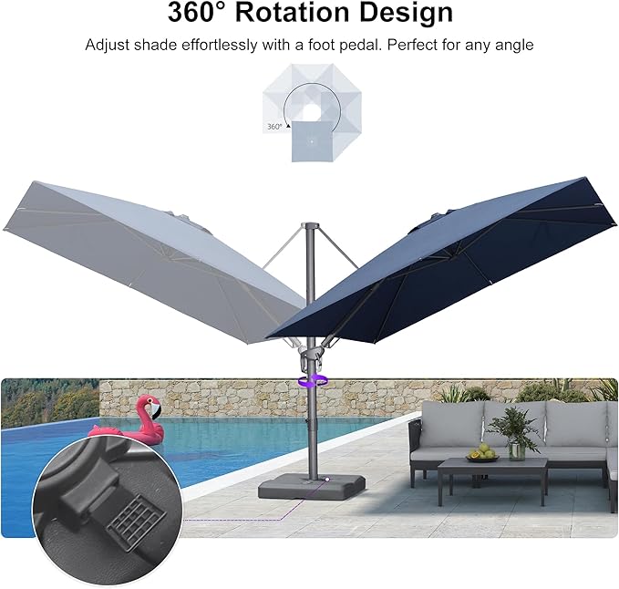 PURPLE LEAF 10' X 10' Swivel Outdoor Patio Aluminum Umbrella with Base Left-right Tilting Cantilever Offset Umbrella with UV Resistant Heavy Duty Fabric for Deck Pool Patio Backyard, Ocean Slate