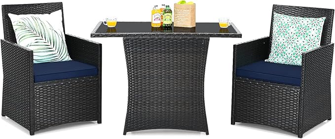 Tangkula 3 Pieces Patio Dining Set, Space-Saving PE Rattan Bistro Set with Tempered Glass Top Table and Cushioned Chairs, Outdoor Conversation Set for Garden Backyard Poolside Porch (Blue)