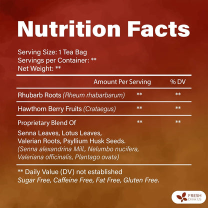 FreshDrinkUS, Premium Colon Cleanse Tea – 60 Tea Bags – Rhubarb Root & Hawthorn Berry with Senna, Lotus Leaf, Valerian Root & Psyllium Husk – Herbal Blend, Caffeine-Free. Vegan