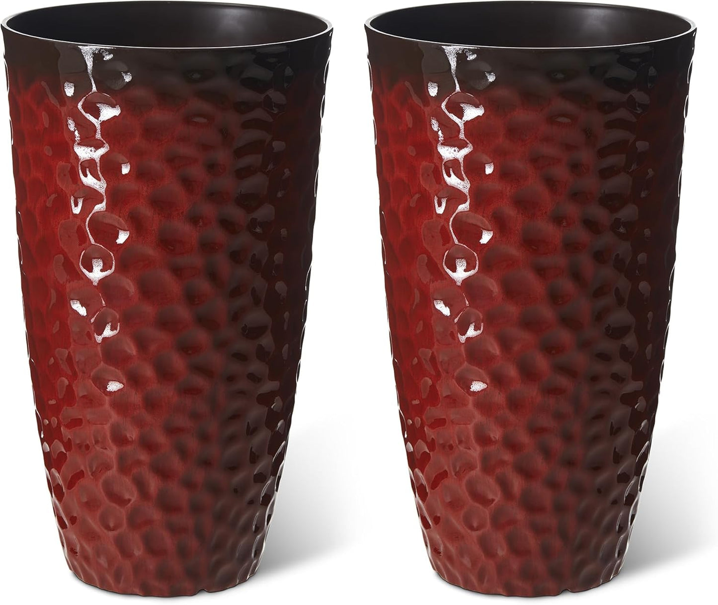 Glitzhome Set of 2 Oversized Plastic Planters for Plants,23.75" H Large PP and Stone Honeycomb Textured Gradient Red Planter Tall Planter Pot with Drainage Hole for Outdoor Front Porch and Patio Deck