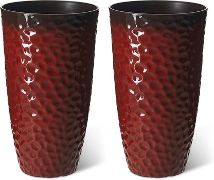 Glitzhome Set of 2 Oversized Plastic Planters for Plants,23.75" H Large PP and Stone Honeycomb Textured Gradient Red Planter Tall Planter Pot with Drainage Hole for Outdoor Front Porch and Patio Deck