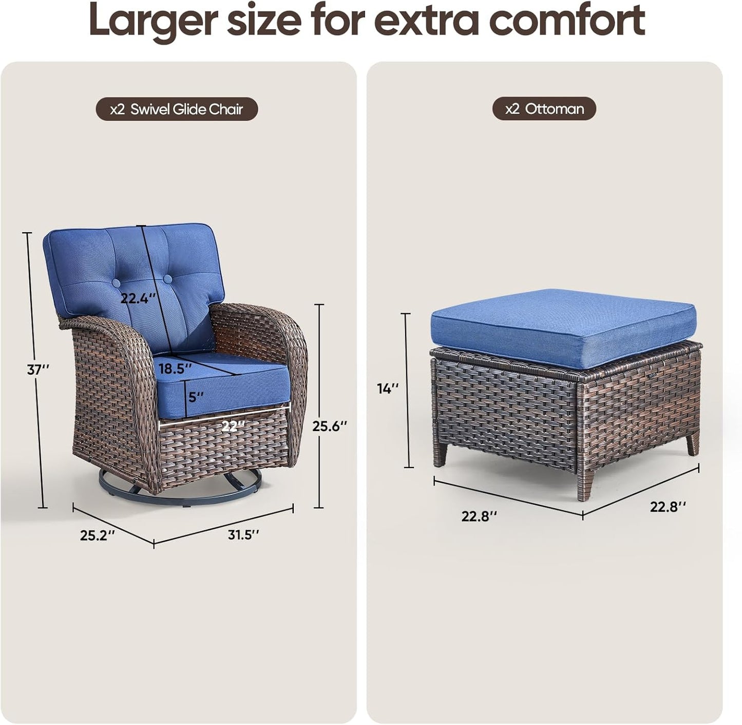 4-piece rotating balcony chair set with 31-inch T-shaped wide backrest - rattan outdoor rotating balcony chairs, wide backrest comfortable outdoor sliding chair - Brown Rattan | Blue Cushions