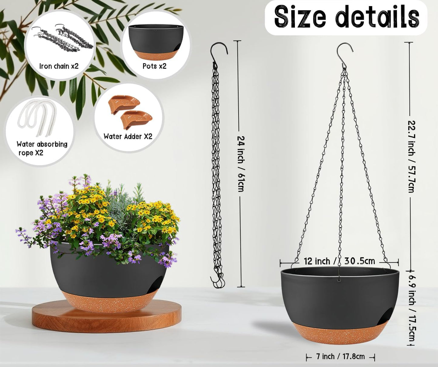 2 Pack 12 Inch Large Hanging Planters with Chains Self Watering Black Brown Plastic Hanging Pots for Indoor Outdoor Plants, Garden Porch Home Decor，Black Brown