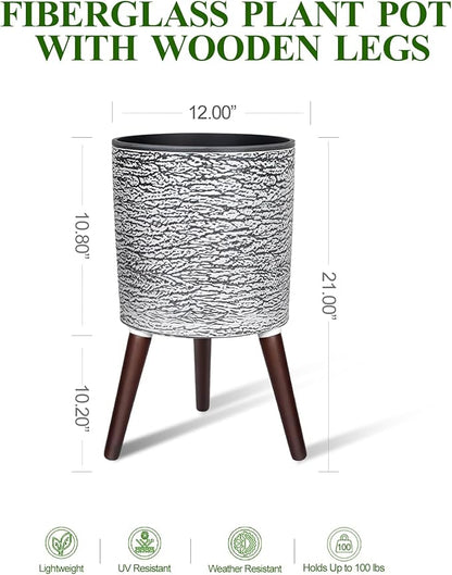 12 Inches Plant Pots with Stand Mid Century Flower Pots with Wood Legs Large Mode Cylinder Planter with Drainage Holes for Indoor Plants,Garden,Decorative-Grey