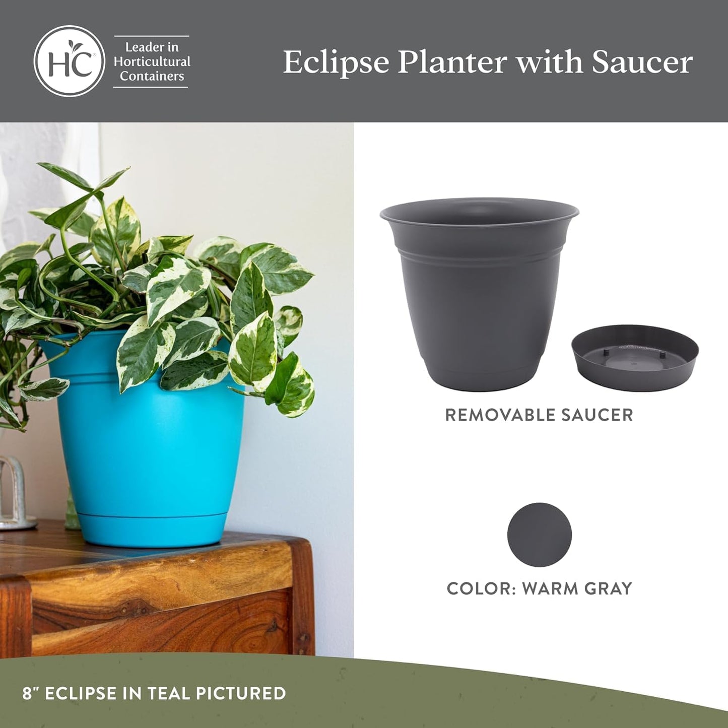 The HC Companies Eclipse Round Planter with Saucer - Outdoor & Indoor Plant Pot with Drainage Holes - Lightweight, UV-Resistant Plastic Pots for Plants, Flowers & Herbs (6" Warm Gray, Pack of 1)