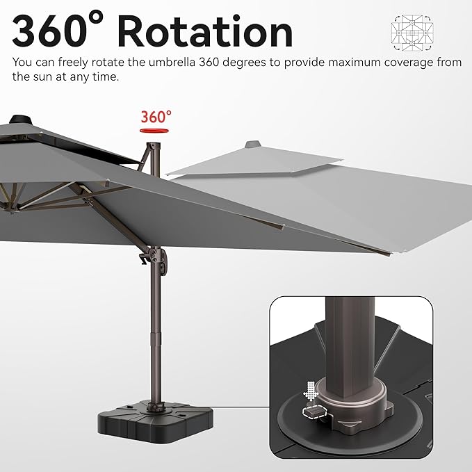 9x12 FT Patio Umbrella with base, Large Cantilever Rectangular Double Top Heavy Duty Offset Umbrellas with 360° Rotation, Outdoor shade for Garden Deck Pool, Gray