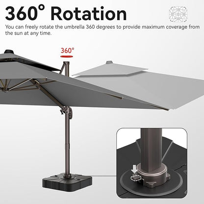 9x12 FT Patio Umbrella with base, Large Cantilever Rectangular Double Top Heavy Duty Offset Umbrellas with 360° Rotation, Outdoor shade for Garden Deck Pool, Gray