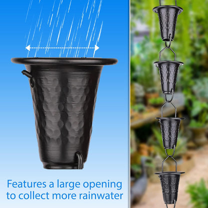 Hand-Hammered Fluted Rain Chain 8.5 FT – Black Powder-Coated Aluminum - Functional and Decorative Replacement for Gutter Downspouts - Premium Rain Chains for Gutter