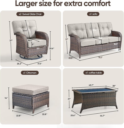 6-Piece Rotating Balcony Chair Set with 31-inch T-Shaped Wide backrest - Rattan Outdoor Rotating Balcony Chairs, Wide backrest Comfortable Outdoor Sliding Chair - Brown | Beige