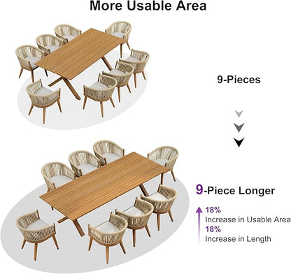 PURPLE LEAF 9 Piece Longer Outdoor Dining Set with Patio Aluminium Dining Table and Wicker Chairs Modern Furniture Cushions Sets for Backyard Indoor Decor Kitchen Teak