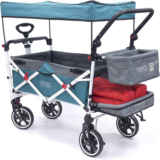 Creative Outdoor Wagon for Kids Push Pull Collapsible Stroller with Canopy Folding Cart for Beach, Park, Garden (Teal & Grey)