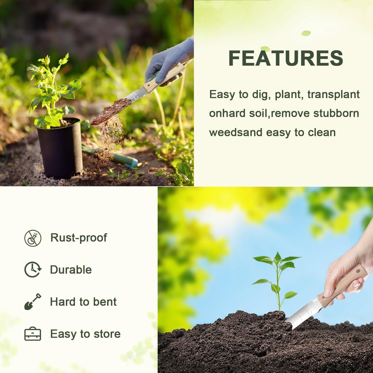 ZHENHAN Hori Hori Garden Knife- 7.2" Multi-Purpose Garden Knife with Heavy-Duty Stainless Steel Blade & Ergonomic Grip for Digging,Planting,Weeding(Silver)