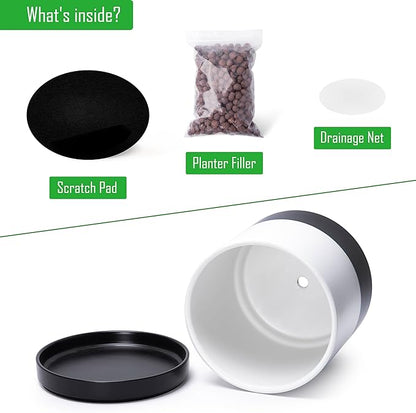 D'vine Dev 10 Inch Ceramic Planter Pot with Drainage Hole and Saucer, Indoor Cylinder Round Planter Pot, Layered Monochrome Black & White, 94-O-E-L