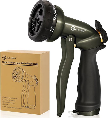 AUTOMAN Garden Hose Nozzle - 7 Patterns Sprayer, 100% Metal High Pressure Spray Nozzle, Labor-Saving Design, Heavy Duty Water Hose Nozzle for Garden Watering, Car Washing, Window Cleaning,Pets Bathing