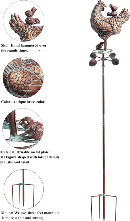 3D Large Metal Hen with Chicks Statue Spinner 79" H Kinetic Garden Chicken Sculpture Decorative Hen Wind Vane Outdoor Yard Art Antique Copper Chicken Garden Stake for Farm Patio Lawn Yard Decor