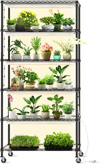 DIY Plant Shelf with Grow Lights, Grow Light Shelf with Adjustable Rack and Wheels, Plant Stand, 8-Pack 192W T8 3000K Full Spectrum Grow Lights for Seed Starting,Seed Tray(29.5L x 13.8W x70.9H)