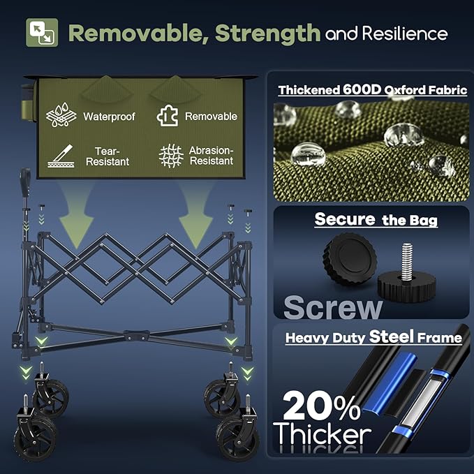 150L Collapsible Wagons Carts Foldable, 360LBS Heavy Duty Folding Beach Cart with Big All-Terrain Wheels, Portable Utility Wagon for Grocery, Shopping, Garden, Sports, Green