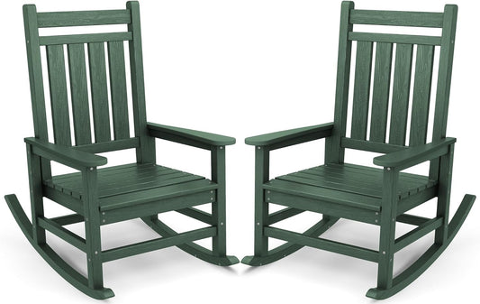 SERWALL Oversized Outdoor Rocking Chair Set of 2, HDPE Rocker for Adults, Patio Rocking Chairs for Porch, Green