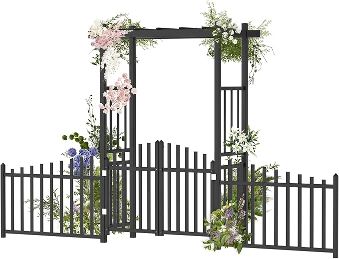 VINGLI Garden Arbor with Gate and Fence, PVC Frame Trellis Garden Arch for Plant Climbing, Vinyl Pergola Wedding Arch Backdrop Standing for Backyard, Lawn, Event (Black)