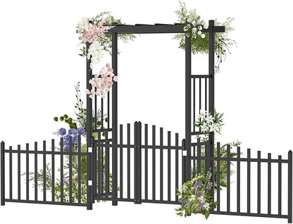 VINGLI Garden Arbor with Gate and Fence, PVC Frame Trellis Garden Arch for Plant Climbing, Vinyl Pergola Wedding Arch Backdrop Standing for Backyard, Lawn, Event (Black)
