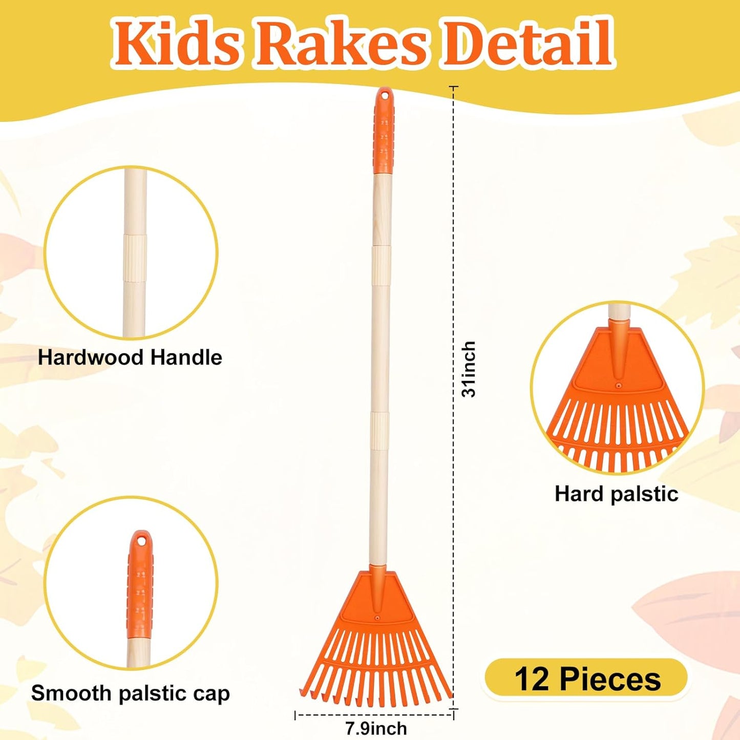 Therwen 12 Pcs Kids Rakes for Leaves 31'' Child Size Plastic Lawn Rakes, Garden Rakes with Plastic Rake Head and Wooden Handle, Kids Gardening Tools for Camping Debris Flower Beds, Boys Girls Gifts