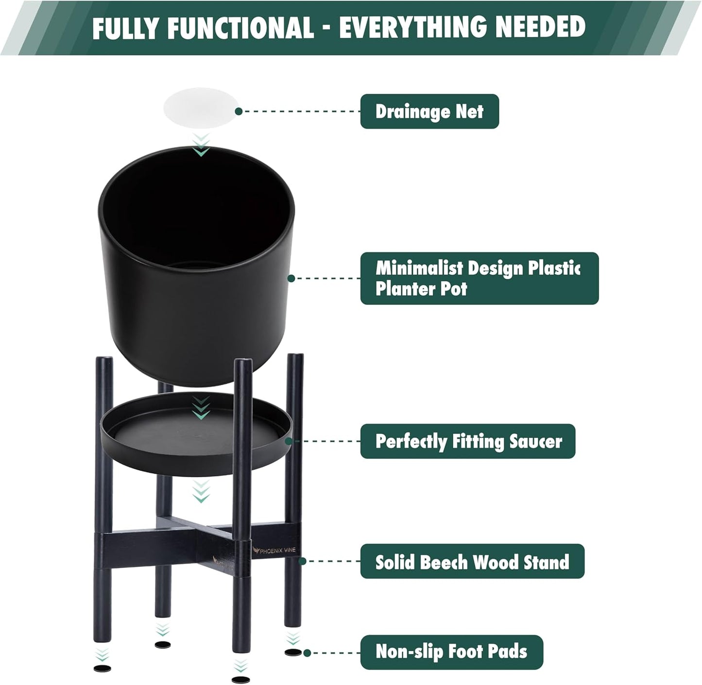 D'vine Dev Planter Pot with Stand - 16 Inch Plastic Cylinder Flower Pot with Wood Planter Holder for Indoor, Matte Black Pot + Ebony Stand, 55-C-Z-2