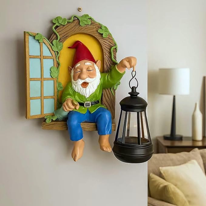 Gnome Statues Solar Lantern Whimsical Elf Out The Door Tree Hugger Figurines Tree Faces Decor Outdoor Fairy Garden Wall Art Decorations for Yard Patio Fence Ideal Gifts