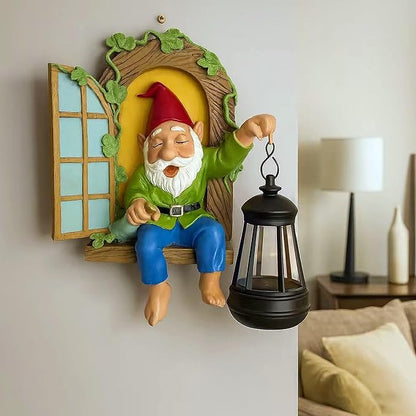 Gnome Statues Solar Lantern Whimsical Elf Out The Door Tree Hugger Figurines Tree Faces Decor Outdoor Fairy Garden Wall Art Decorations for Yard Patio Fence Ideal Gifts