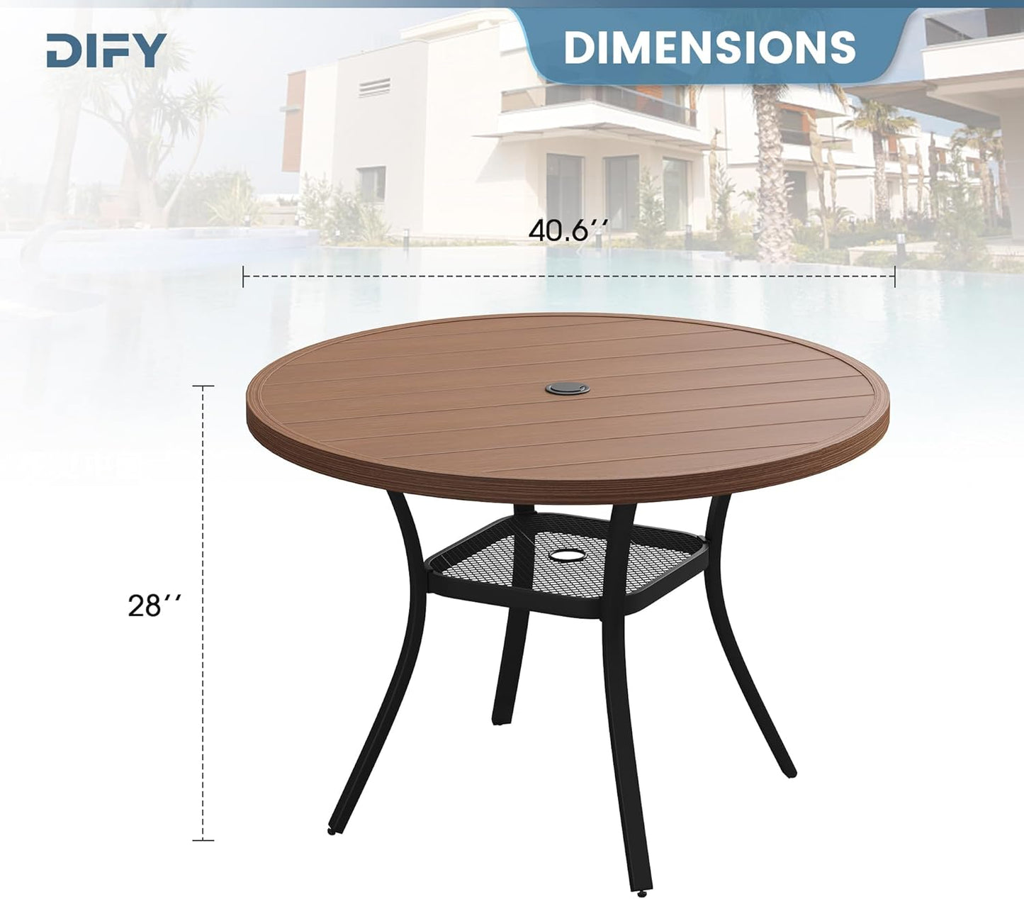DIFY Outdoor Dining Table for 4 Person, 42"x 42" All Weather Round Patio Metal Table with 1.57" Umbrella Hole for Poolside Garden and Backyard, Walnut