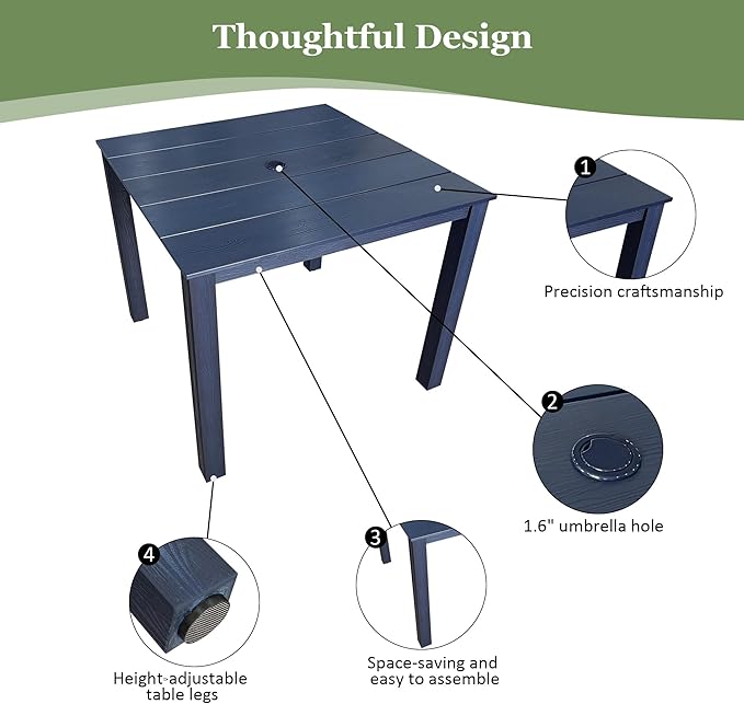 Poly Lumber Patio Dining Set, HIPS Outdoor 36.2-Inches Dining Table and Ladder Back Chairs, with Umbrella Hole, Weather Resistant (5 Piece, Navy Blue)