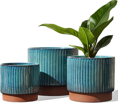 LE TAUCI Ceramic Plant Pots with Drainage Holes, Set of 3, 8+6.7+5.5 Inch Stripe Garden Planter Pots for Outdoor Indoor Plants Flower, Round Succulent Orchid Flower Pot, Reactive Glaze Green